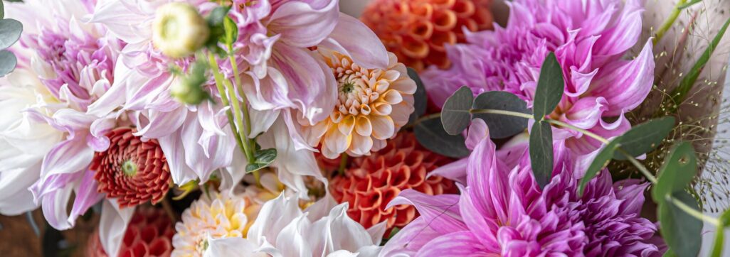Flower arrangement with chrysanthemum flowers close-up, festive bouquet.